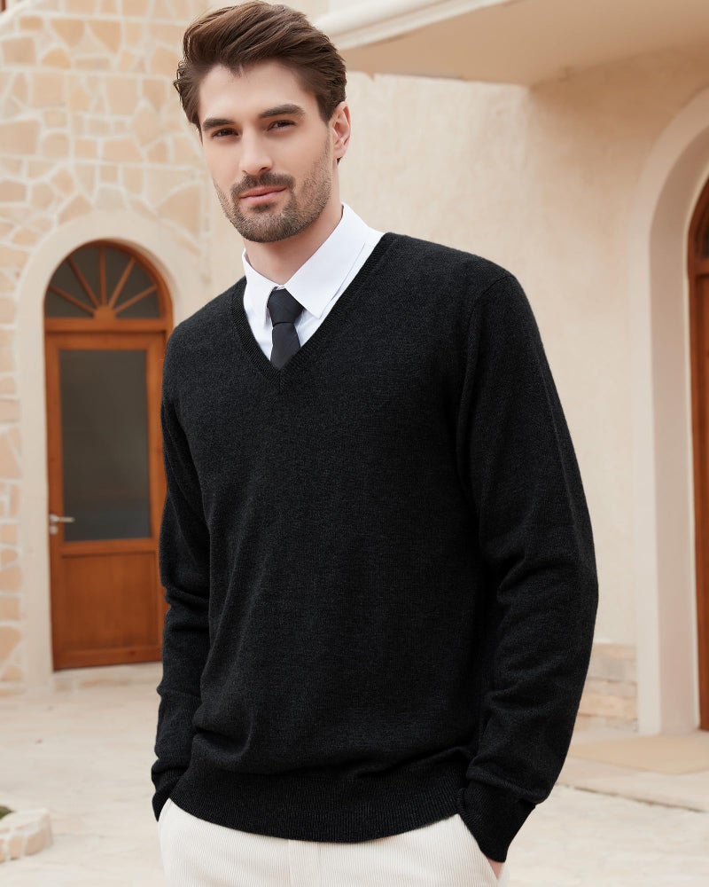 Kallspin Men's Wool Blend V-Neck Sweater Relax Fit Knit Pullover (Black, Large) - Image 2